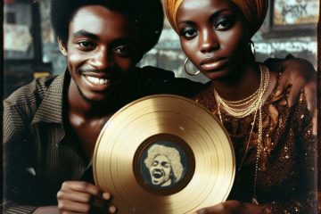 Artist and producer holding up gold record