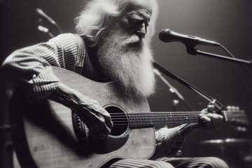 Old guitarist playing acoustic guitar on stage