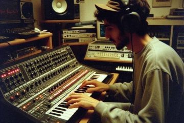 Music producer playing an analogue synthesiser