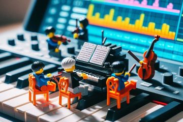 arranging music in a DAW with LEGO figurines in foreground