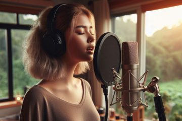 Female singer recording her vocals in a home studio