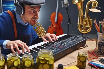 Weird image of composer writing music with pickle jars