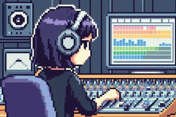 Pixel art girl getting a mix ready for mastering