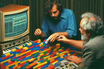 music producers arranging lego like a musical arrangement