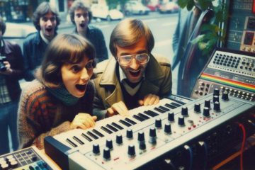 People looking excitedly at a new synth in a shop window