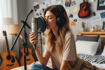 woman recording her vocals at home