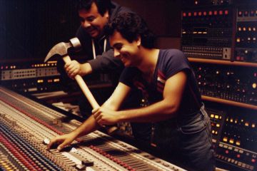 Two engineers fighting over a hammer at a mixing desk