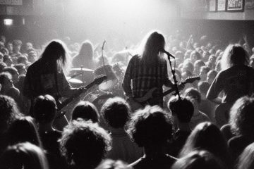 Band playing for a crowd on stage in 1995