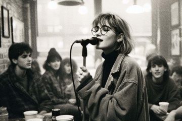 Young female singer performing in coffee shop