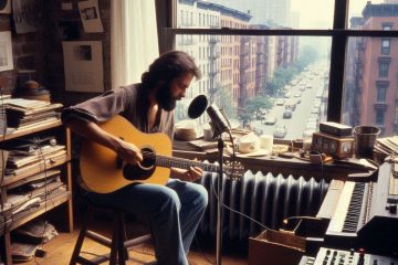 Songwriter recording guitar in a Mahattan loft in 1987